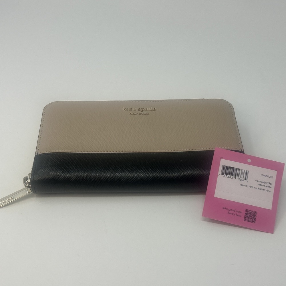 NWT Kate Spade Warm Beige Black Spencer Zip-Around Long Continental Wallet